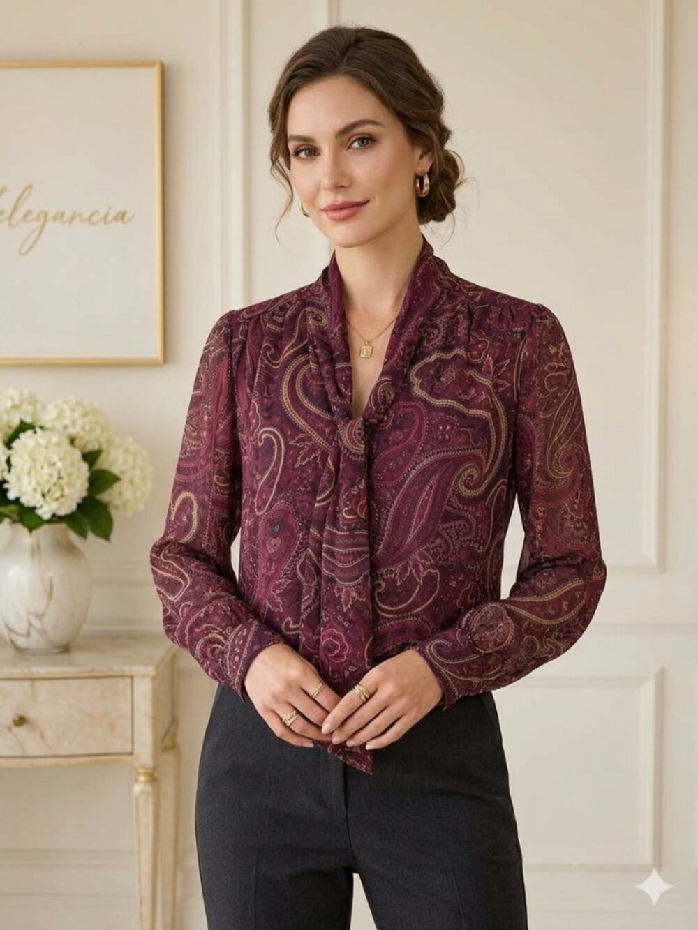 Tamara H. Paisley Sheer Blouse – Burgundy (Size L) NWT